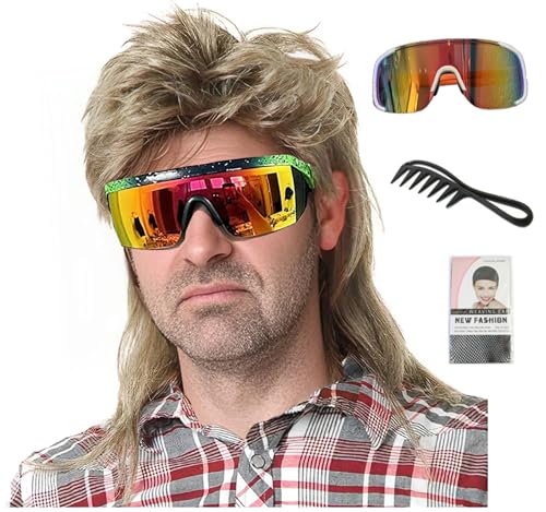 Image of 80s Mullet Wig, Vintage 70s 90s Punk Rock Disco Mullet Wig with Sunglasses, Adult Halloween Costume Cosplay Party Wig (Blonde)