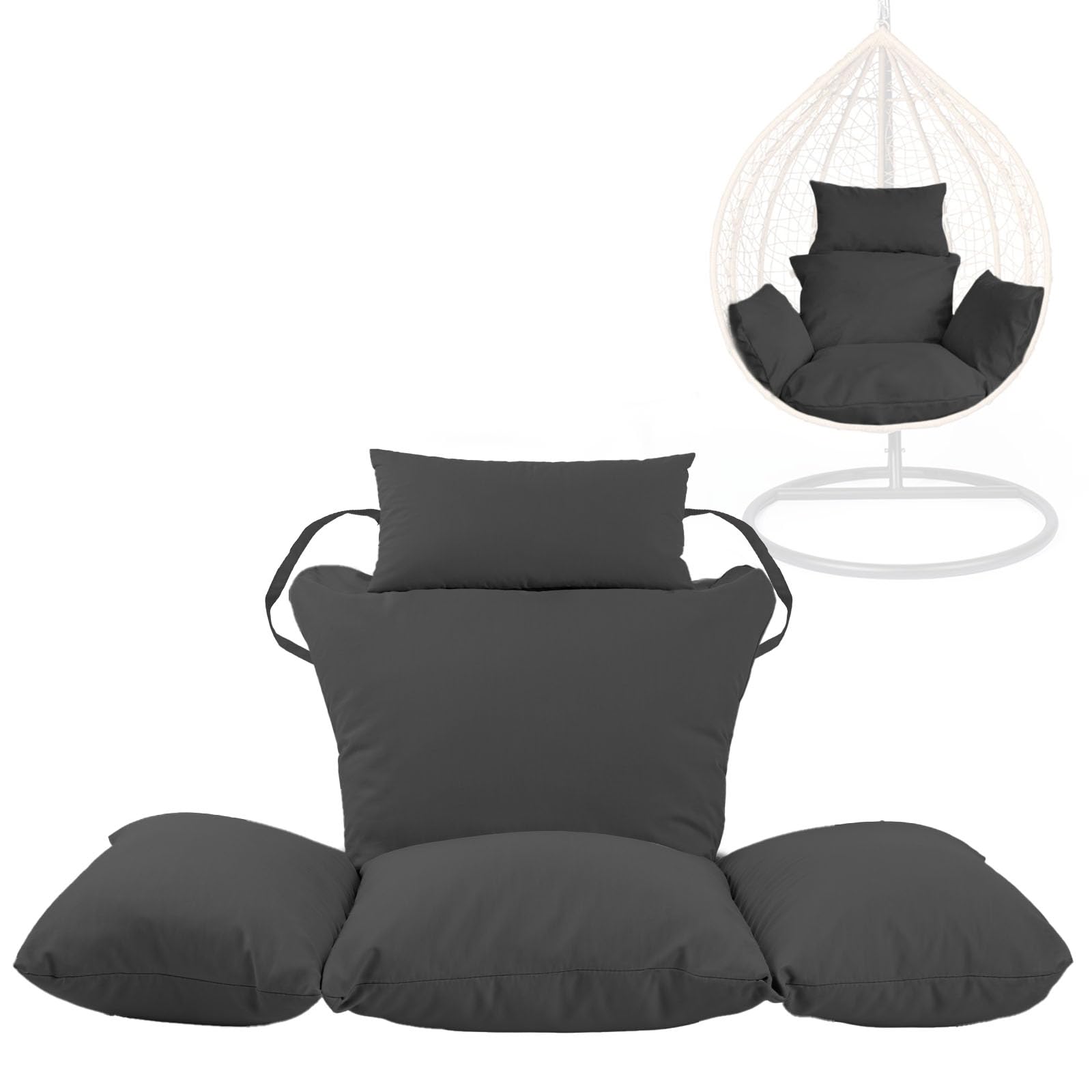 Swing Egg Chair Replacement Cushion, Foldable Water-Resistant Hanging Basket Swing Chair Cushion with Headrest Pillow, Outdoor Porch Backyard Patio Hammock Swing Replacement Cushions (Black)