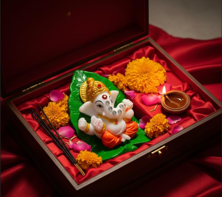 Image of Pan Ganesha Idol on Leaf Small Ganesha Idol for Pooja Resin Ganesh Murti Mini Ganesh Statue for Home Mandir Car Dashboard Decorative Ganesha Statue Spiritual Gift