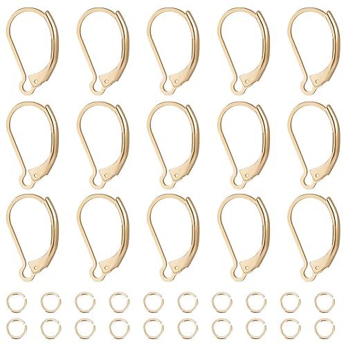 Beebeecraft 1 Box 20Pcs Leverback Earring Findings 24K Gold Plated Clasp Earring Hooks 16.5x10mm French Ear Wire Connector with 20Pcs Open Jump Rings for DIY Jewellery Making