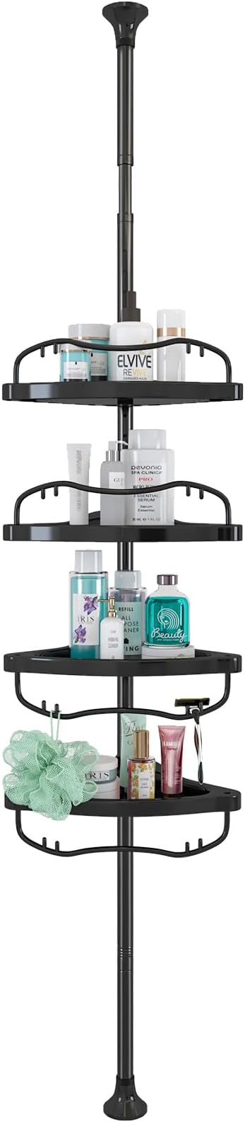 Shower Caddy Corner,39-125in Adjustable Tension Pole Shower Organizer for Bathroom,Rustproof Bathtub Storage Holder with 4 ABS Plastic Shelves for Insider Shower,Black