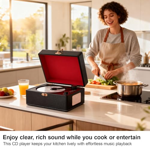 Image of CD Player Portable Bluetooth, Black Retro CD Player for Home Music Player, Rechargeable Battery & Built-in Speakers, with Led Display, Headphone Jack, USB & AUX Playback, for Music Lovers(Black)