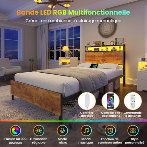 Lit 90x200 LED + multiprise USB & étagères Brinlawb