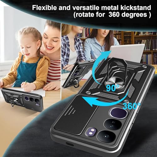 Image of Heavy Duty Back Case Cover for Realme C85 5G, Shockproof Realme C85 Back Cover, Ring Case with Kickstand and Camera Protection Shutter - Black
