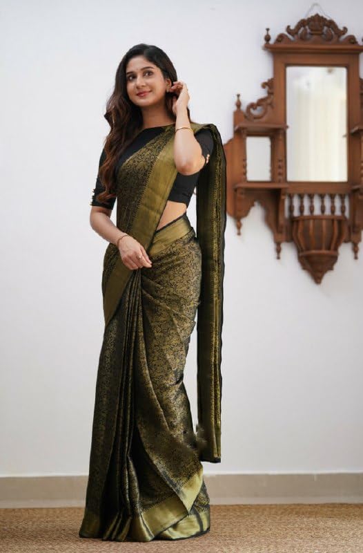 Image of Flosive inchHeritage Glow Banarasi Kanjivaram Style Saree in Olive Green with Rich Zari Border inch