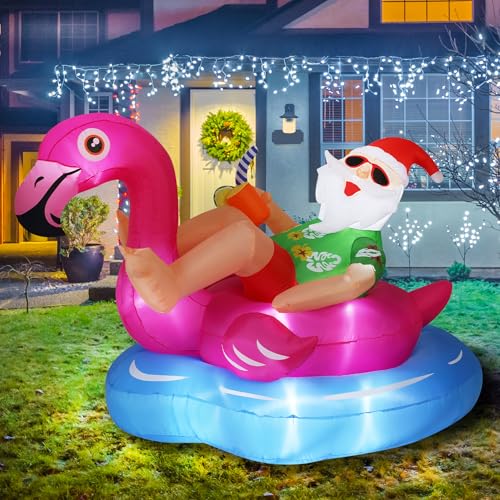 8 FT Hawaiian Santa on Flamingo Pool Float Christmas Inflatables ...