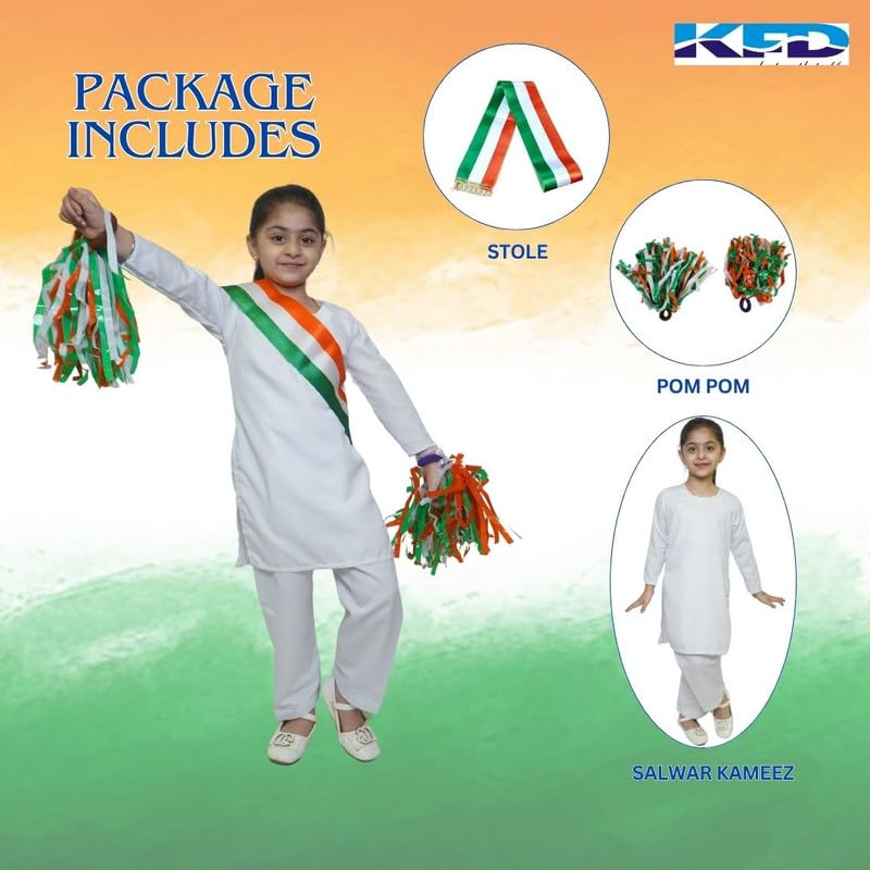 Image of Kaku Fancy Dresses Indian Wear Salwar Kameez Costume for Independence Day /Republic Day | Tri Color Dupatta Stole Pompom Set for Girls