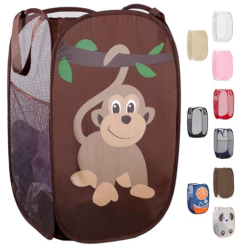 Image of Handy Laundry Collapsible Mesh Pop Up Laundry Hamper with Side Pocket – Breathable, Space-Saving, Foldable Basket for Clothes, Toys, Travel & Storage, 14 x 13 x 24 in, Monkey
