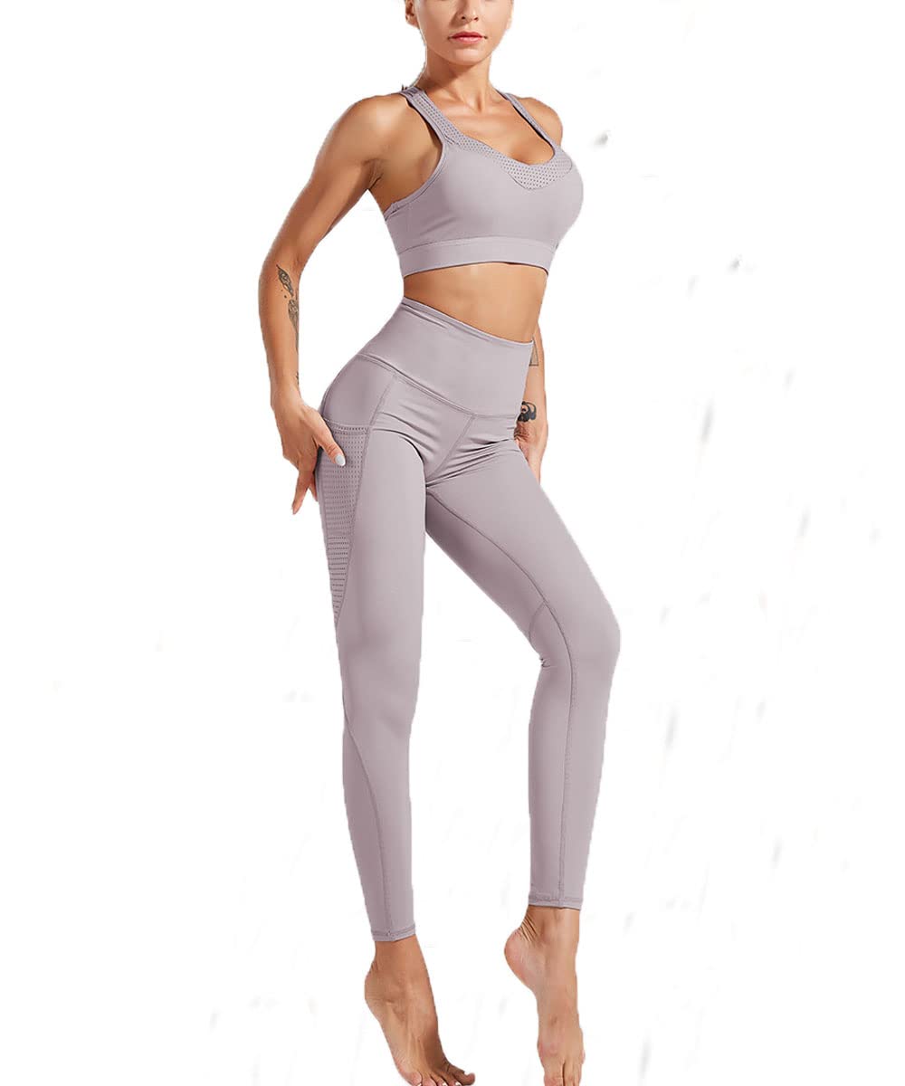 Elhada Workout Yoga Outfits Sets for Women Pocket Butt Lifters Leggings Nude Tracksuit Sport Bra