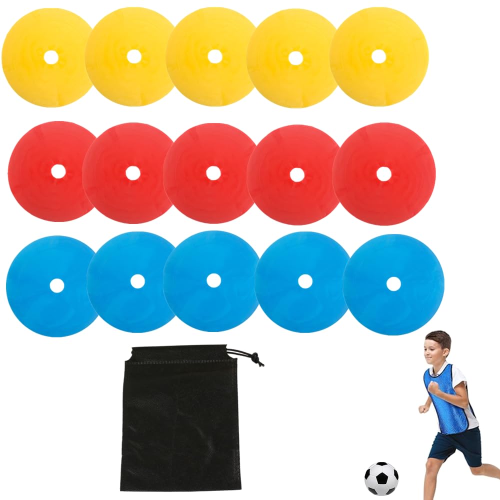 3 Colori 15 cm Spot Marker con Foro Rubber Floor Dots Antiscivolo Marcatori di agilità Flat Field Coni per PE Gym Classes,Soccer Basketball,5 Rosso 5 Giallo 5 Blu,1 Custodia