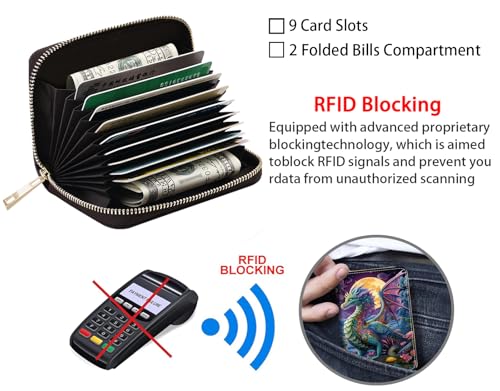 Credit Card Holder Wallets for Women, RFID Blocking Small Leather Card Case Wallet with Zipper Accordion Wallets, Dragon4