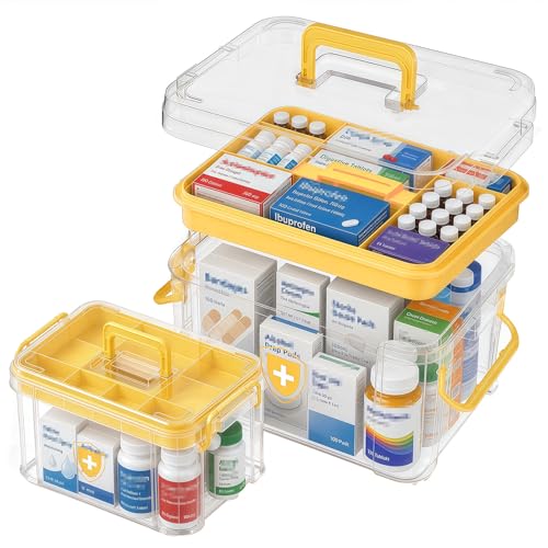 Image of 2 Pack Clear Medicine Organizer Box with Handle, Plastic Medicine Container with Tray First Aid Box Empty, Thickened Medicine Storage Organizer Multipurpose Medication Organizer Storage, Yellow
