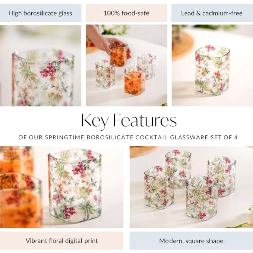 Image of Nestasia Printed Borosilicate Glasses Set of 4 (230ml Each) - 100% Food Safe & Durable Glassware with Vibrant Floral Design | Small Square-Shaped Tumblers for Water, Juice, Mocktails & Iced Tea