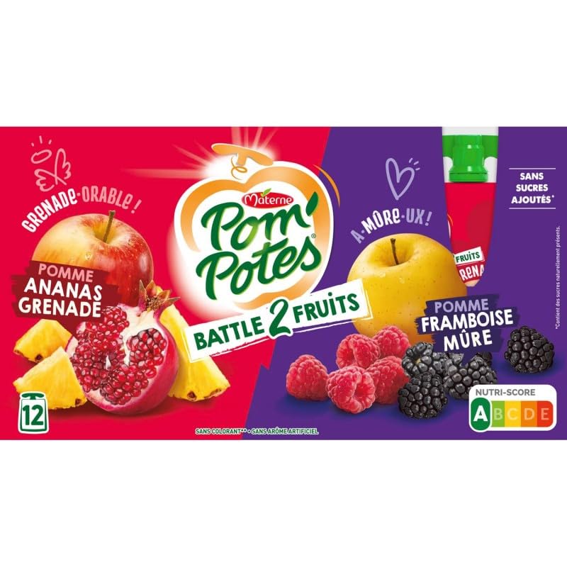Gourdes Compote Pom'Potes 2 Fruits Pomme Sans Sucres - Snack Sain et Pratique - 12x90g - Le Lot De 3