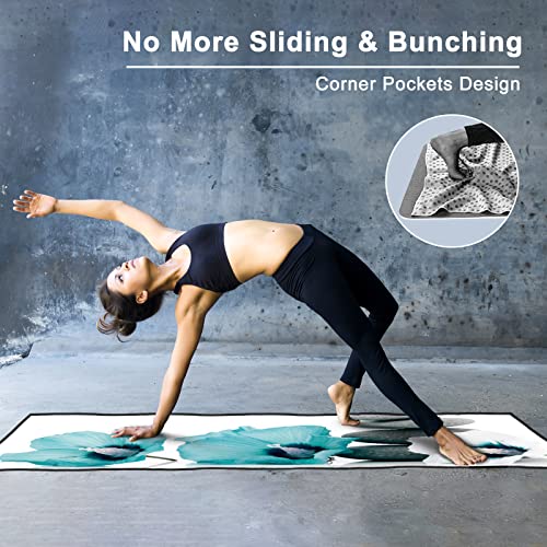 Qiyi Yoga Towel With Travel Bag, Microfiber Mat-Sized Hot Yoga Towels, Non Slip Blanket With Corner Pockets, Quick Dry Mat Towel For Bikram, Pilates, Fitness - 70"X26", Pebbles & Blue White Flowers #TOP2