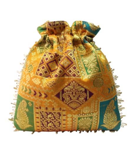 Image of MILAN'S CREATION Potli Banarasi Silk Brocade Bag Purse Drawstring Women's handbag with Pearl Handle & Tassel Weddings