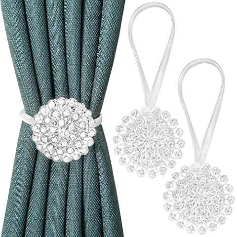Pinowu Magnetic Crystal Flower Curtain Tiebacks (2 Pack), Decorative Curtain Holdback Buckle Clips with Stretchable String Rope for Bedroom, Living Room, Office Cover