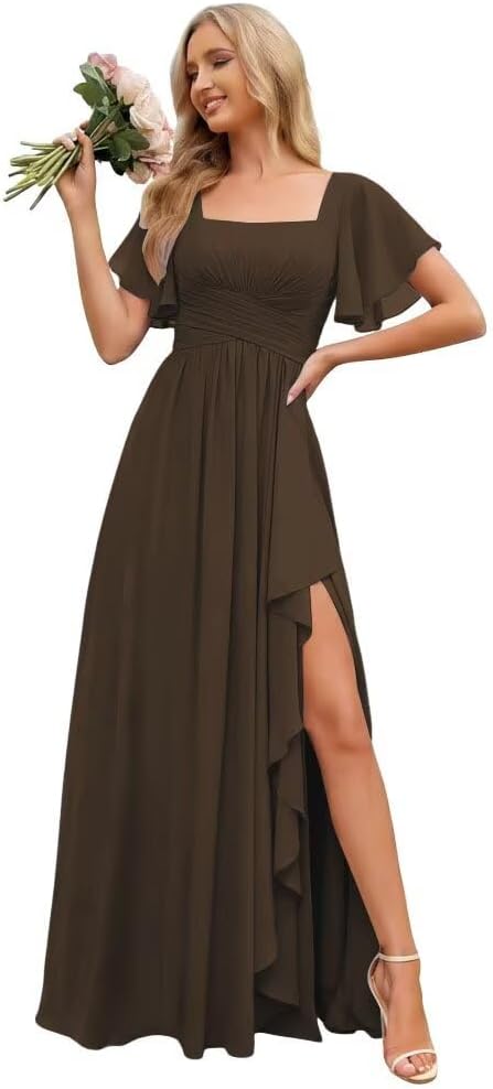 Women's Chiffon Bridesmaid Dresses for Women with Sleeves Split A Line Formal Dress with Pockets VA10