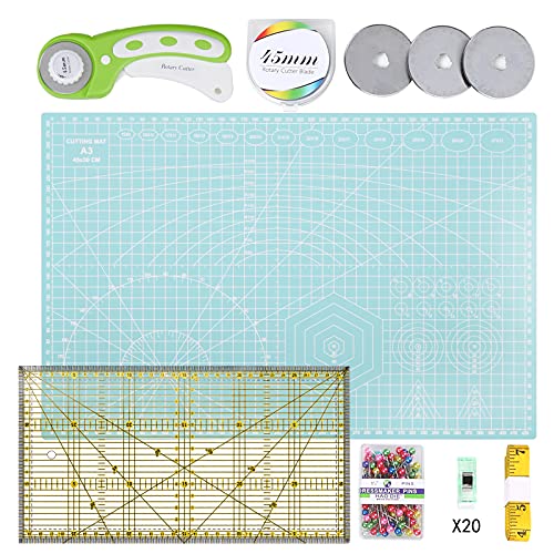 INTLMATE A3 Cutting mat Set Fabric Cutter Tool Kit Including 17inches self-Healing Cutting mat,45mm Rotary Cutter with 3 Replacement Blades,Acrylic Quilting Ruler,Patchwork Ruler,20 Clips,100 pins