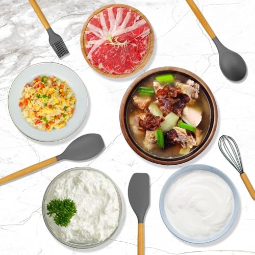 Image of Sakoraware Silicone Kitchen Utensils Spoon Spatula Cooking 12 Pcs Set | Baking Set | Non-Stick with Wooden Handle- BPA Free, Heat Resistant Item Flexible Non Toxic Silicon Cookware Tools with Holder