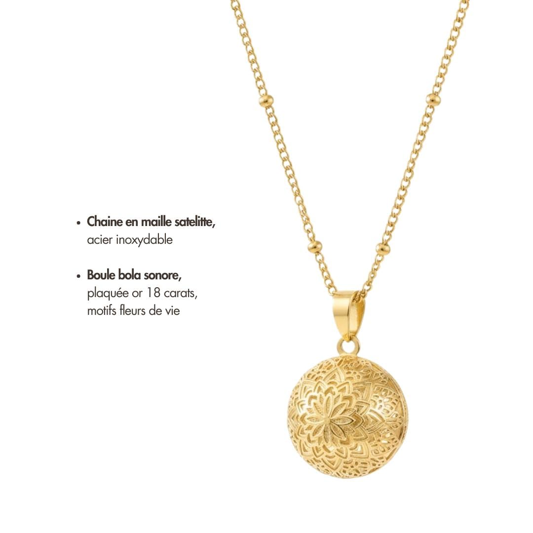 Bola de grossesse fleur de vie - Bola grossesse fleur - Collier bola grossesse or doré 18 carats et chaine bola en acier inoxydable maille satellite - Bola grossesse mandala or - Cadeau femme enceinte