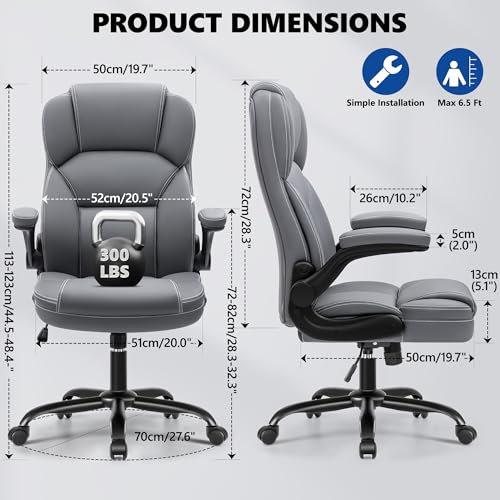 Image of PU Leather Office Chair, Ergonomic High-Back Desk Computer & Gaming Chair with Adjustable Height, Rolling Swivel & Flip-Up Armrests, Comfy Padded Seat for Home Office-Gray