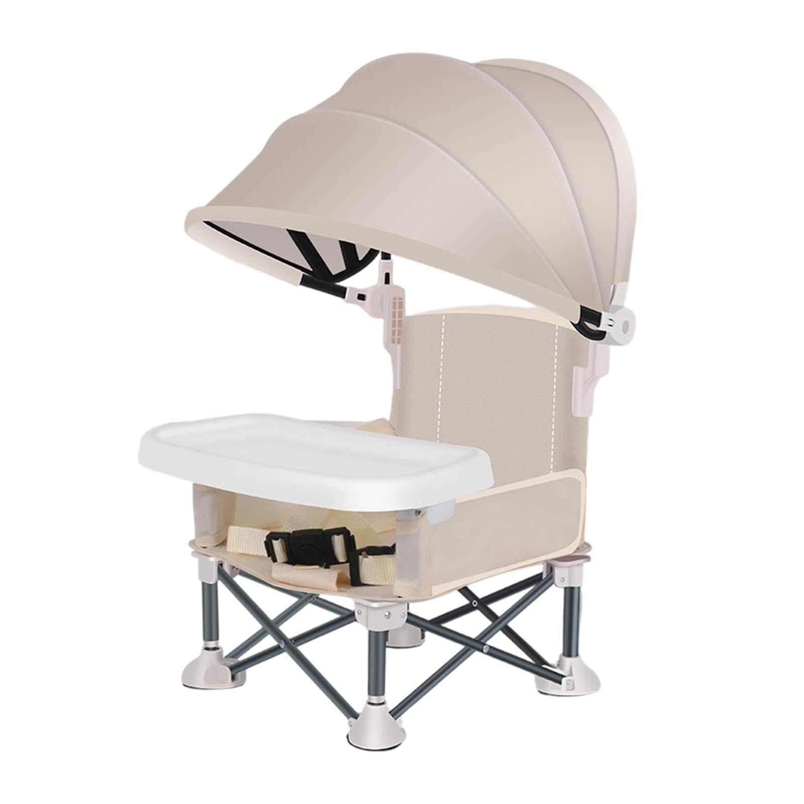 Baby Seat Booster Toddlers Dining Seat,Folding High Chair with Extendable Canopy Detachable Tray, Aluminum Alloy Baby Camping Chair Portable Folding Booster Feeding Chair (Beige)