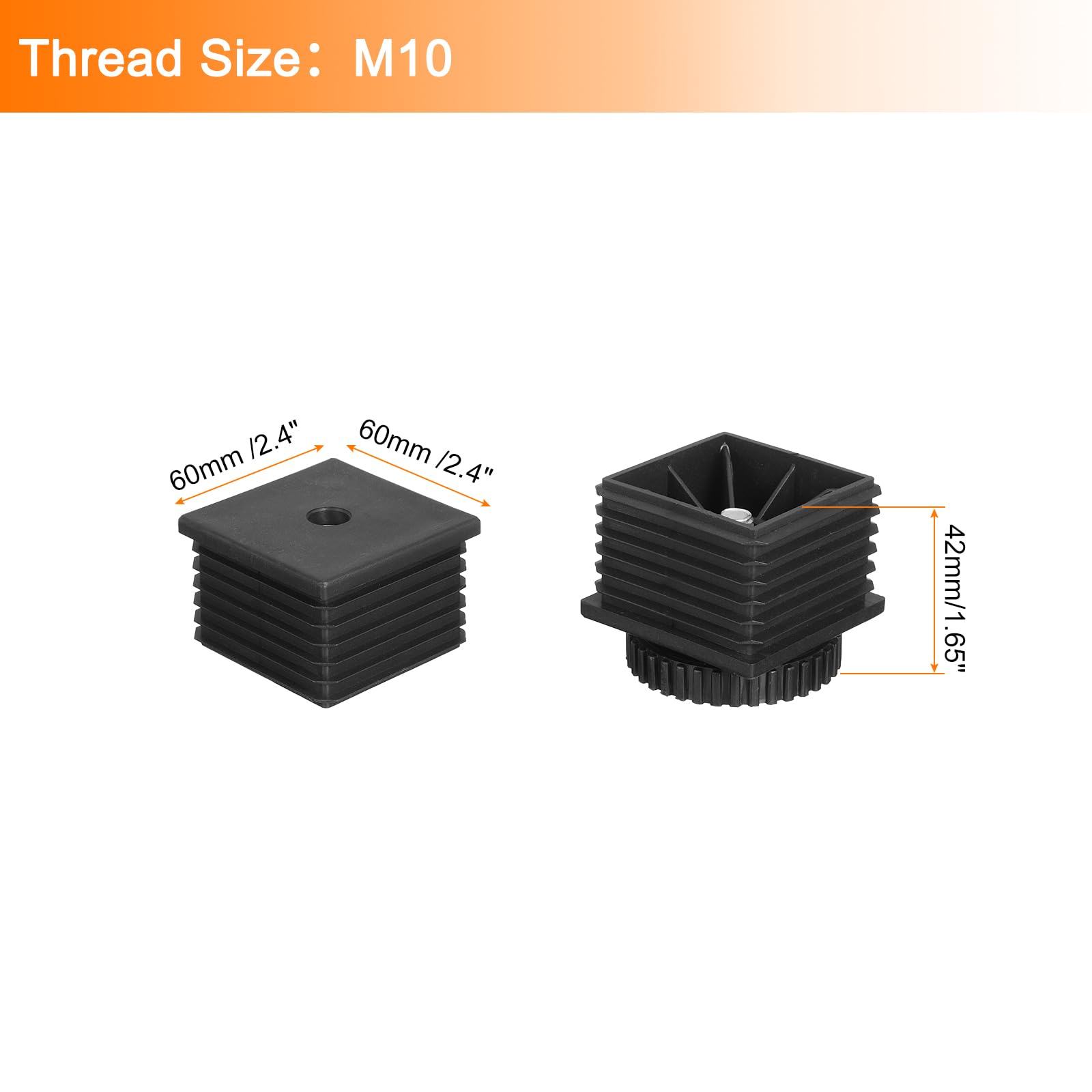 sourcing map Lot de 8 pieds de nivellement rectangulaires en plastique M10 x 60 x 60 mm réglables pour pieds de meubles - Niveleurs à visser pour trou de 60 mm pour table, chaise, meubles - Noir