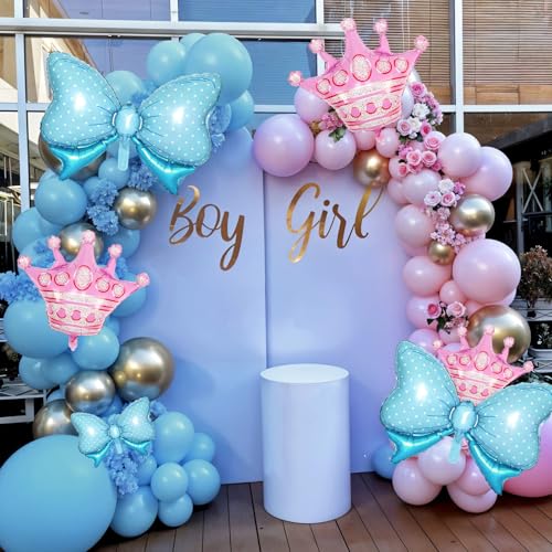 Image of 10pcs Pink Crown Balloons And Blue Bow Balloon, Light Blue Bows Balloons, Pink Large Crown Foil Balloon With Two Sizes For Birthday Baby Shower Theme Party Wedding Bridal Shower Decor