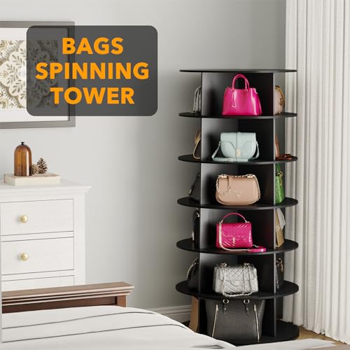 SpaceAid 6 Tier Rotating Shoe Rack Tower, Spinning Shoe Display Lazy Susan, Revolving 360 Shoe Rack Storage Round Carousel, Vertical Handbag Rotate Shoes Closet Organization (6-Tier Black)