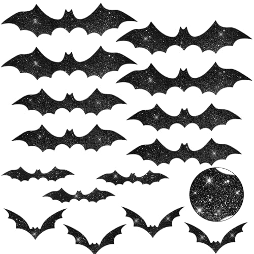 Xuhal 15 Pcs Glitter Black Halloween Bats Magnets 4 Different Sizes 3D PVC Bat Magnetic Stickers for Fridge Car Garage Door Refrigerator Indoor Outdoor Office Cabinets Home Holiday Decorations