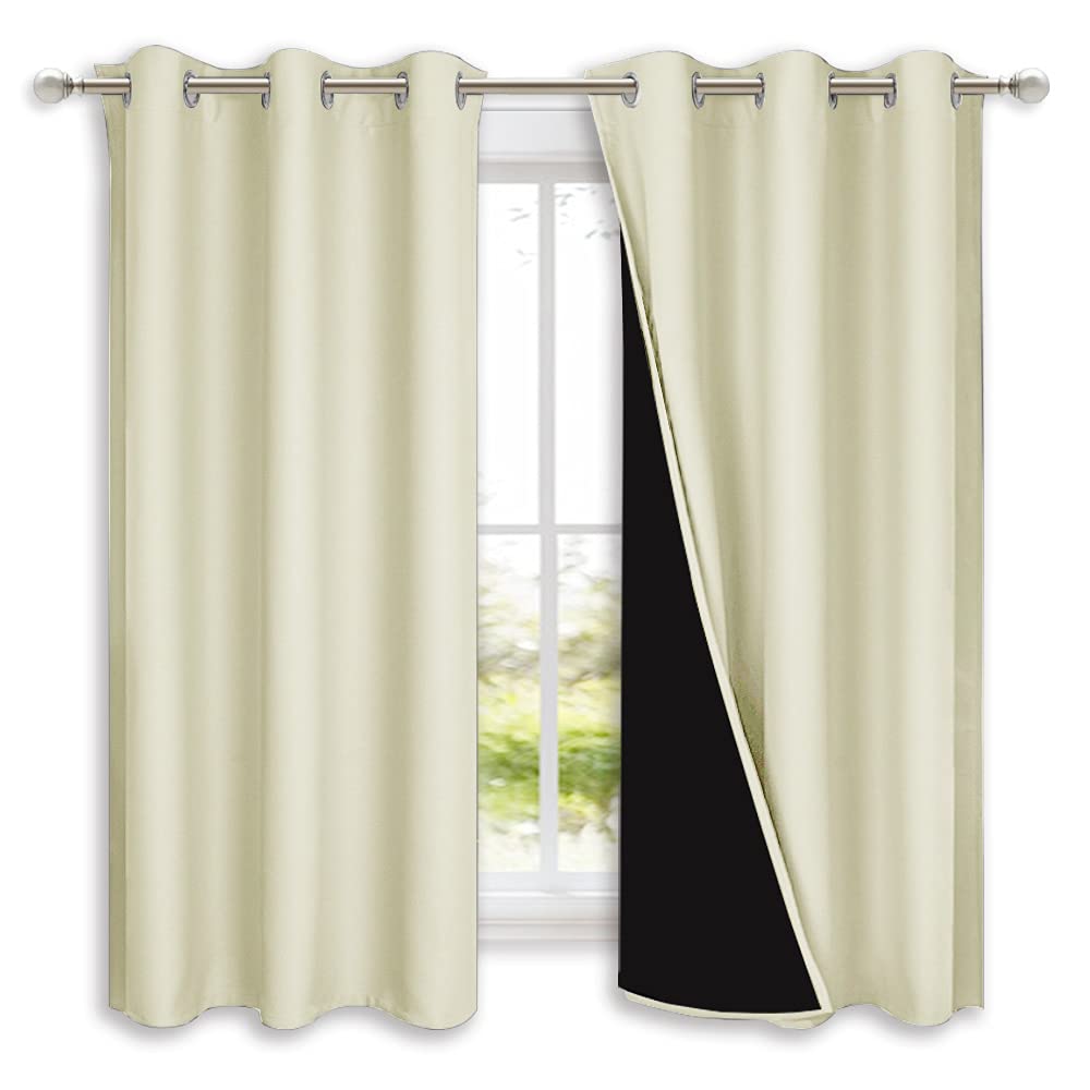 NICETOWN Bedroom Full Blackout Curtain Panels, Super Thick Insulated Grommet Drapes, Double-Layer Blackout Draperies with Black Liner for Small Window (Beige, Set of 2, 42 by 63-inch)