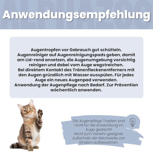 alphazoo Durchblick Augenpflege für Katzen 100ml – mit Mandelöl, Aloe Vera & Kamille. Sanfte, alkoholfreie Pflege zur Reinigung empfindlicher Augenpartien. Unterstützt Hygiene & Wohlbefinden