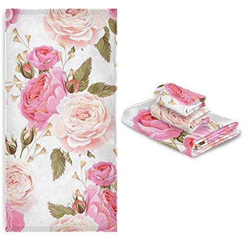susiyo 3 Piece Bath Towel Set, Soft Highly Absorbent Bathroom Towels Beautiful Floral Pink Roses Bath Towels Fashion Print Decorative Towels (Set of 3, 1 Bath Towel, 1 Hand Towel & 1 Washcloth) Cover