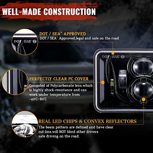 Bicyaco (4 Pcs Dot Approved 60W 4X6 Inch Led Headlights Rectangular Replacement H4651 H4652 H4656 H4666 H6545 Compatible With Peterbilt Kenworth Freightinger Ford Probe Oldsmobile Cutlass -Black #TOP1