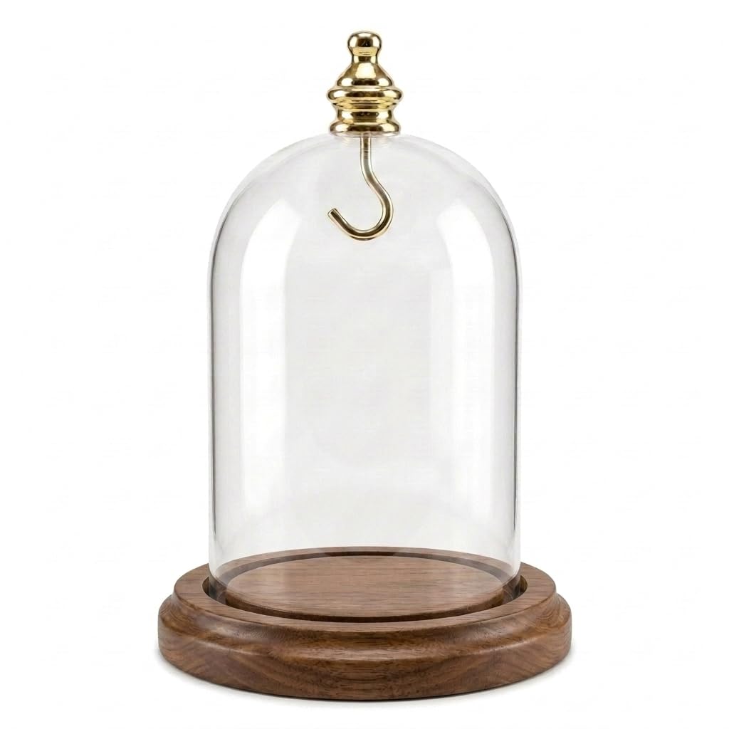 dueber watch co 3" x4-1/2 Pocket Watch Glass Display Dome Cloche Real Walnut Wood Base & Gold Brass Hook, Gold-picture-46