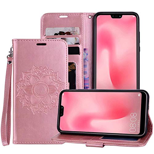 Preisvergleich Produktbild Huawei P20 Lite Hülle, DENDICO Ledertasche im Ständer mit Kreditkartenhaltern und Magnetverschluss, Flip Case Tasche Wallet Case Schutzhülle für Huawei P20 Lite - Rose Gold
