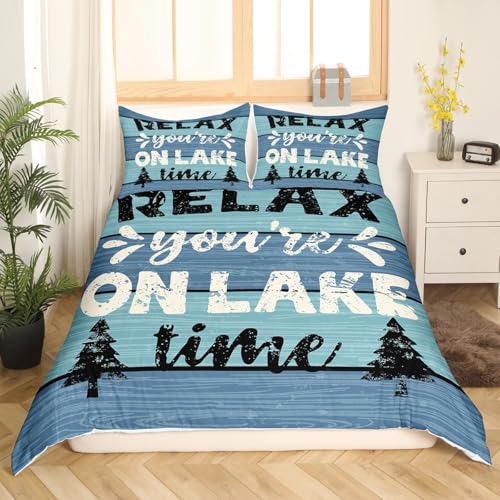 Feelyou Lake House Comforter Cover Set Fishing Duvet Cover for Kids Boys Girls Camping House Bedding Farmhouse Wooden Stripes Bed Set 1 Duvet Cover with 2 Pillowcases Queen Size (No Comforter)