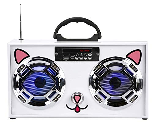 Mini Boombox with LED Speakers â€“Retro Bluetooth Speaker w/Enhanced FM Radio - Perfect for Home and Outdoor (Cat)