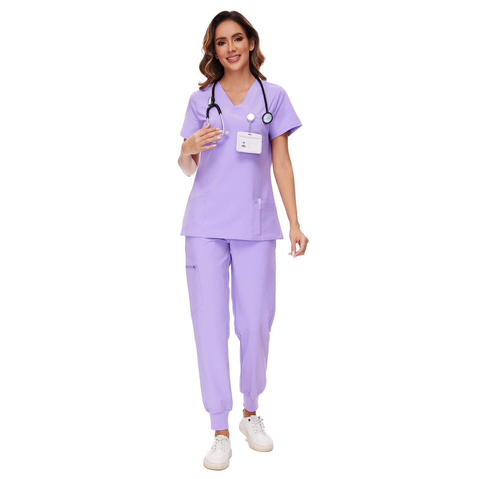 Photo 1 of Scrubs for Women Set - Stretch V-Neck Scrub Top & Jogger Pant with 8 Pockets Light Purple Medium