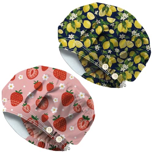 DELORIGIN 2 Stück Zitronen Erdbeer Peeling Hauben Mit 4 Knöpfen Verstellbare Krankenschwester Arbeitsmütze Mit Knopf Und Schweißband Bouffant Chirurgische Haarabdeckung Für Damen Und Herren