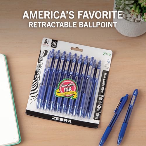Image of Zebra Pen Z-Grip Retractable Ballpoint Pen, Blue Ink, 1.0mm, 18-Pack | Smooth Writing, Medium Point Tip, Ideal for Planners, Note-Taking, School and Office Supplies, and Everyday Writing (22258)