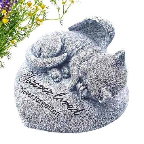 Lápida de gato, estatua de jardín impermeable y resistente al sol para gatos, estatuas y figuras de gato, gato gris, alas de ángel y 'cercanos' decoran conmemorativas de cha