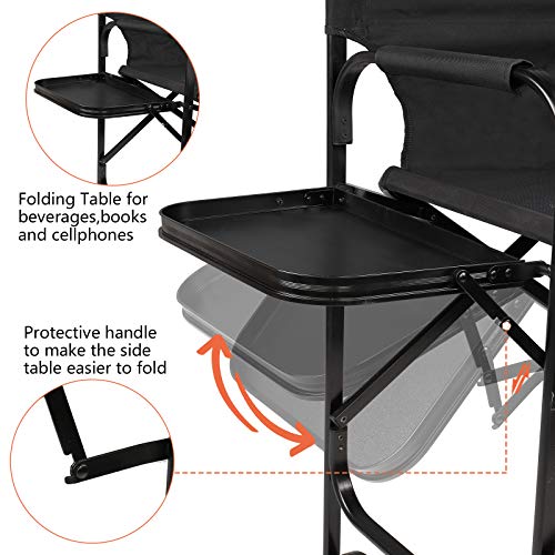 Mefeir 30" Tall Directors Chair Black Folding With Side Table Storage Bag,Portable Makeup Artist Bar Height, Aluminum Frame 300 Lbs Capacity, 19.2" D X 23.6" W X 45.6" H #TOP2