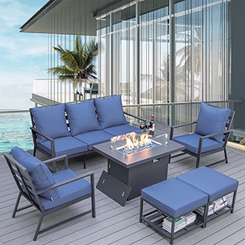 Nicesoul® Outdoor Aluminum Conversation Set With Fire Place All Weather Metal Patio Furniture Chair Set Large Size Sectional Sofa Sets With High Back Blue Cushions #TOP6