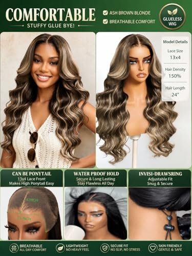 Image of KLAIYI Bye Bye Slip Pre Everything 13x4 Loose Wave Lace Front Ash Brown Platinum Blonde Human Hair Wig with Face Framing Bang Drawstring Glueless Pre Plucked Bleached Knots 30S Wear and Go Wig 22Inch