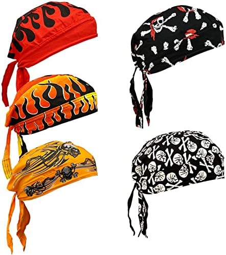 Cotton Doo Rag Skull Cap Sweat Wicking Head Wraps Pirate Hat Breathable Helmet Liner Flame Beanie Dew Rags for Men and Women (Skull and Flame)