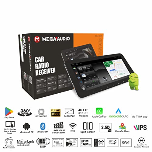 Image of MEGAAUDIO 10.33 inch Universal Android 10 Car Stereo | Floating IPS Display, 4GB RAM, 64GB ROM, DSP Sound Processor | 4G SIM Support, GPS Navigation, 360 Camera, Bluetooth, Split Screen