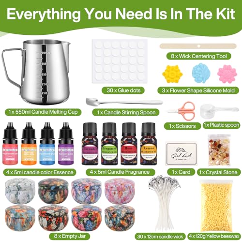 Miniatura 2 de Bbltiff Kit Para Hacer Velas, Kit De Fabricación Para Velas, Kit Velas Aromaticas Fabricacion, Incluye 480g Cera De Abejas, 8 Latas De Velas, 4 Colores, 4 Aromas, 30 Mechas Y Mucho Más