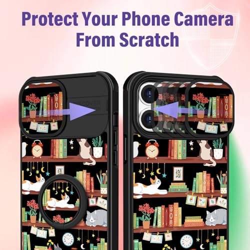 Image of Funermei for iPhone 14 Pro Case - Women Girls Cute Phone Cover Girly Pretty Aesthetic Cat and Books Unique Design with Camera Cover Funda for Apple for iPhone 14 Pro